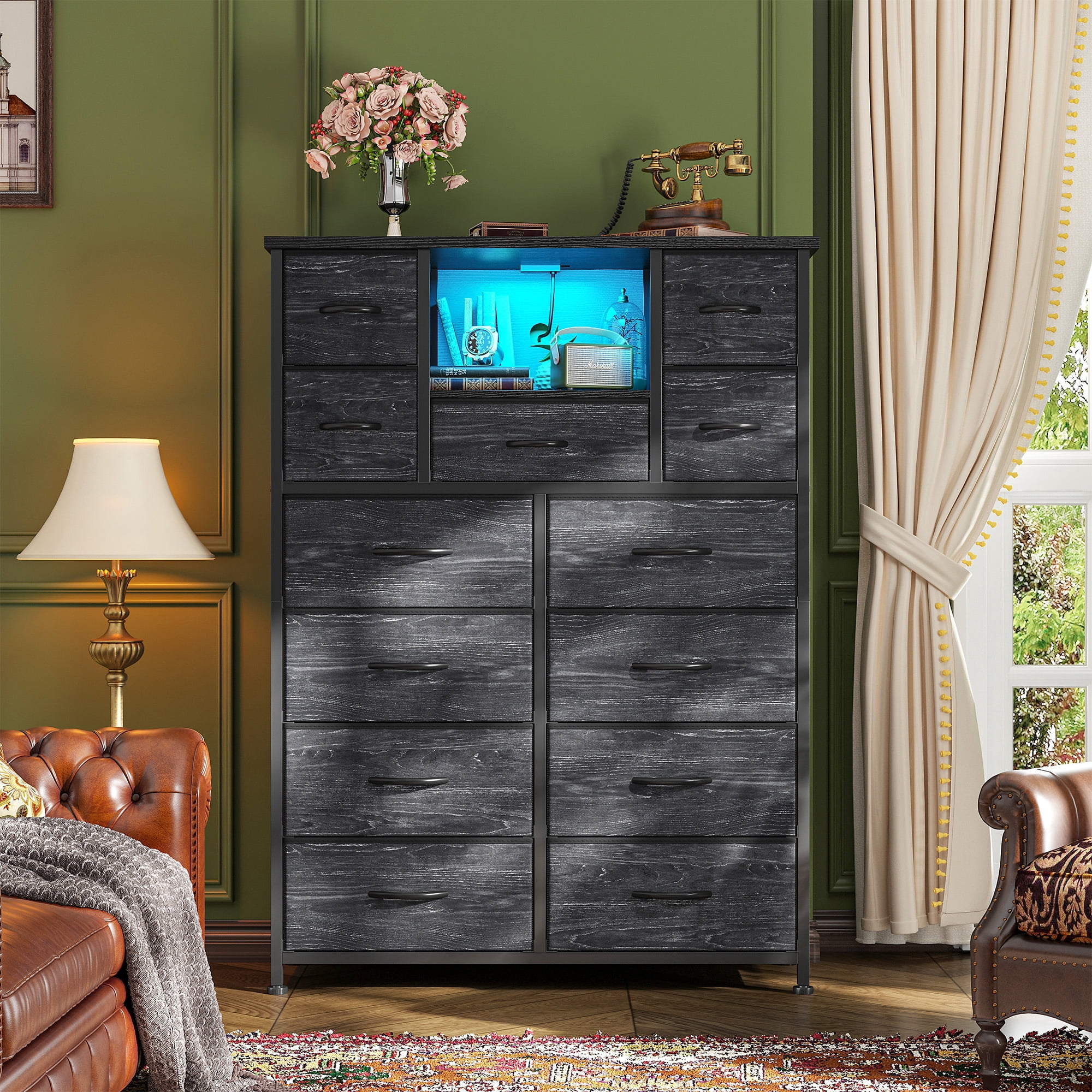 Black Dresser for Bedroom with 13 Fabric Drawers Tall Dresser with LED Light & Charging Station, Rustic Brown
