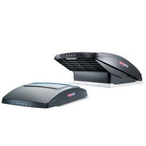MaxxAir Ventilation Solutions Roof Vent 00-06200K MaxxFan Deluxe; Manual Opening; For 14 Inch x 14 Inch Vent; With Fan; Smoke; With Thermostat/Built In Rain Cover/Mounting Hardware