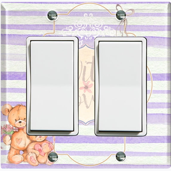 Metal Light Switch Wall Plate Outlet Cover (2 Teddy Bears With Love Heart Balloon Flower Purple Stripes - Double Rocker)