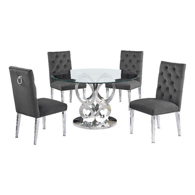 Ensemble de Salle à Manger en Acier Inoxydable 5 Pièces avec Table Ronde en Verre Clair