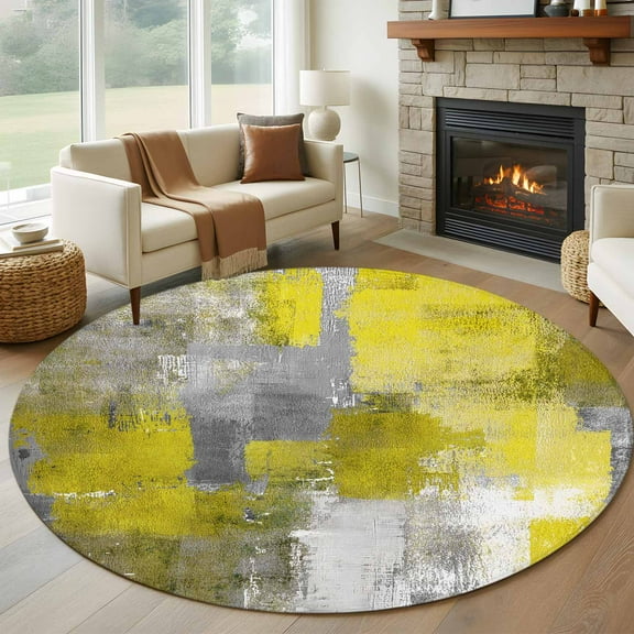 Yellow Grey Round Rug 5ft Washable Circle Kitchen Rugs Non Slip Modern Oil Painted Abstract Art Aesthetics Large Area Rug Indoor Floor Carpet for Bedroom Living Room Home Office Dining Room Nursery
