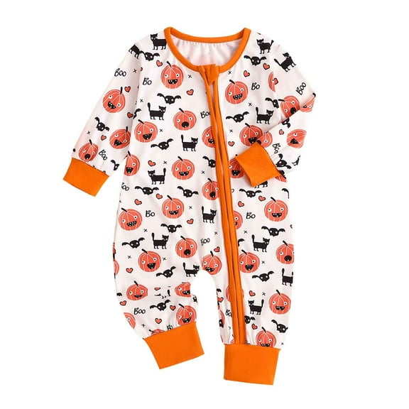 Baby Boy Romper Baby Halloween One Piece Zip Up Jumpsuit Cartoon Pumpkin Bat Cat Print Long Sleeved Pajama Crawling Suit Baby Rompers White 3 Months-6 Months