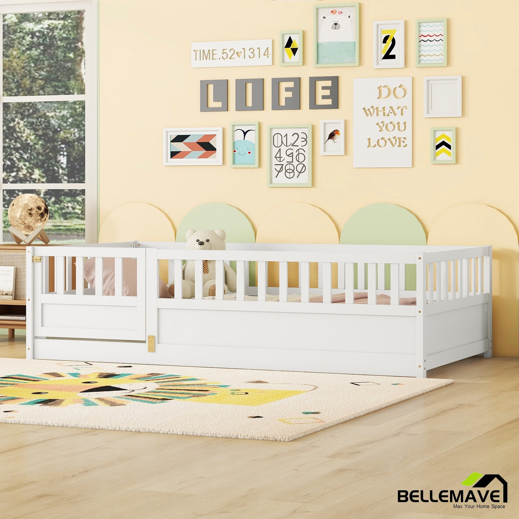 Bellemave Twin Size Floor Bed with Door and High Fence Guardrails Floor Bed without Bed Slats Wooden Floor Bed Montessori Bed Frame (Twin, White, Without Slats)