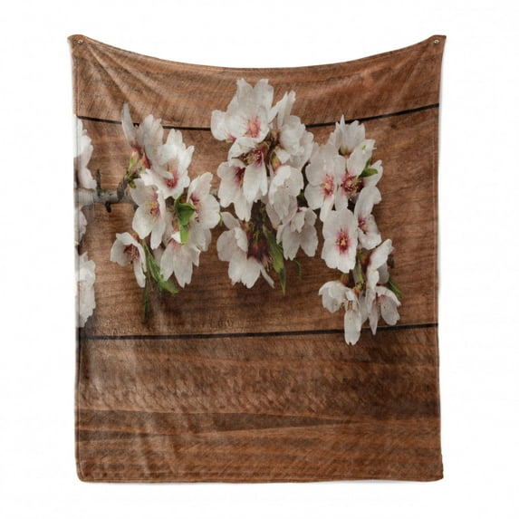 Almond Blossom Soft Flannel Fleece Blanket, Wooden Background with Flower Bloom Spring Nature Corsage Rustic, Cozy Plush for Indoor and Outdoor Use, 50" x 60", Green White and Brown, by Ambesonne