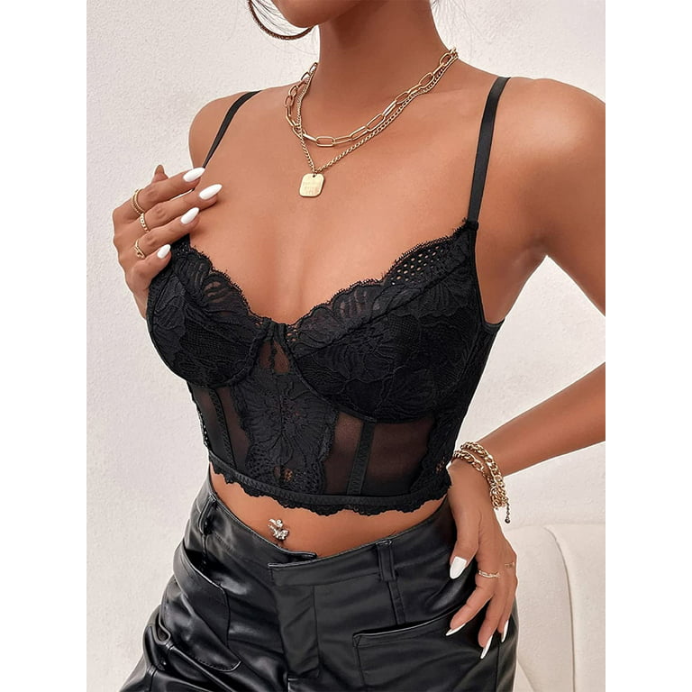 SheIn Women's Lace Casual Camisole Cami Crop Tank Tops Lingerie Bustier  Spaghetti Strap Crop Top 