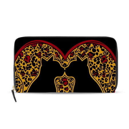 Heart Cat Couple Kiss Valentine Women's Long Zipper Wallet Bifold Clutch Purse PU Leather Card Cases