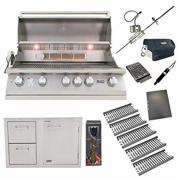 Lion Premium Grills 40-Inch Propane Grill L90000 with 5 x Ceramic Tubes w/ Flame Tray and Lion Door and Drawer Combination Unit with 5 in 1 BBQ Tool Set Best of Backyard Gourmet Package Deal