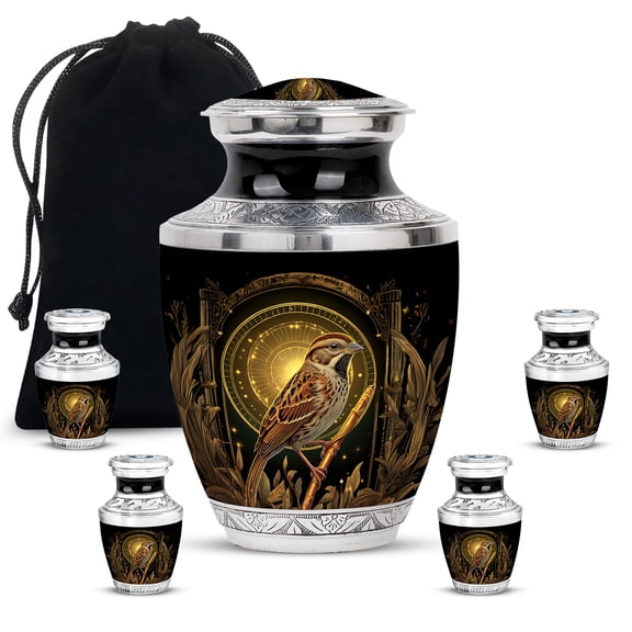 JAGASY Sparrow Urns for Adult Human Ashes Set of 5, 3 Inch Mini Keepsake Urn for Ashes for Women & Men, Large 10 Inch Black Urn for Cremation, Miniature Family Urns ( 1 Large, 4 Small)