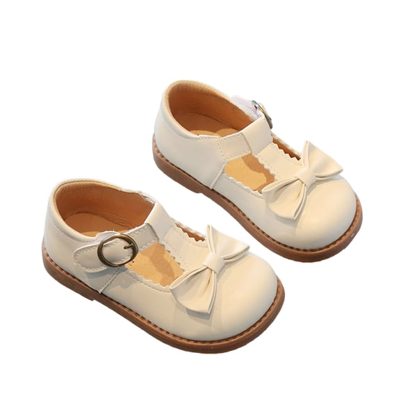 Gtoiithly Girls Bow Ballet Summer Fashion Soft Sole Mary Jane Shoes with Hook Loop Closure Party Dress Shoes Kids Holiday Celebrations Beige 5-5.5 Years