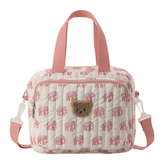 Quilted Crossbody Mom Tote, 11.02 Inch Embroidered Bear Diaper Bag, Multi-Compartment Travel Shoulder Purse for Women (Pink)