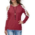 thumbnail image 5 of European and American large size fashionable round neck lace stitching hollow elegant sexy T-shirt top-Red-L, 5 of 7