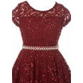 thumbnail image 3 of Big Girls' Short Sleeve Lace Glitter Skater Pearl Belt Special Occasion Flower Girl Dress Burgundy 10 (J21KS02), 3 of 3