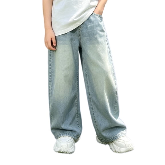 UACY Boys Baggy Jeans Preppy Y2K Vintage Straight Wide Leg Denim Pants Teen High Waisted Loose Trousers (Blue, 9-10 Years)