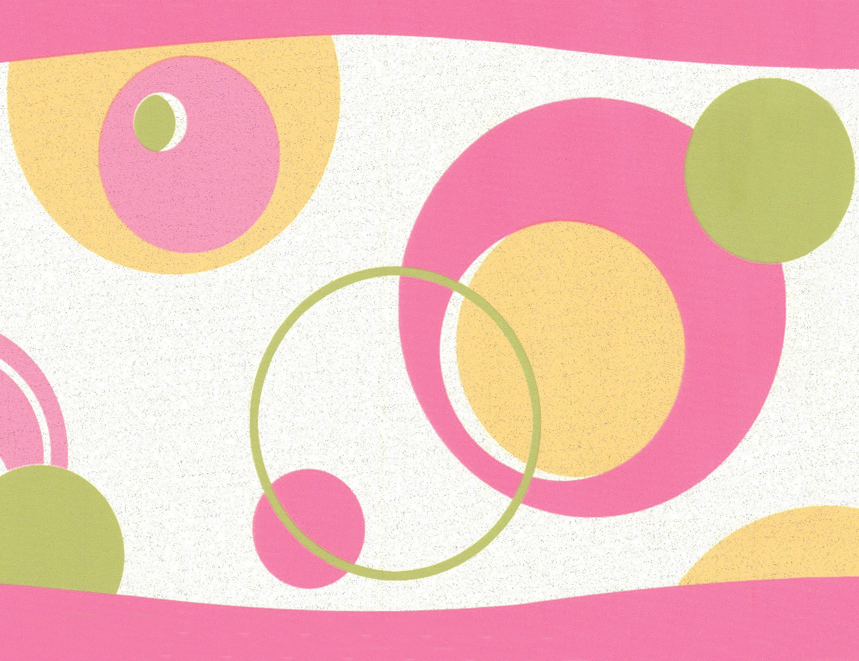 Dundee Deco Prepasted Wallpaper Border - Geometric Pink, Green, Yellow, White Circles, 15 ft x 6 in