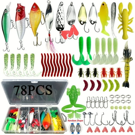 78pcs Fishing Lures Jigs Kit For Topwater Bait Rigs Tackle Kit For Bass Trout Salmon Fishing Accessories Tackle Box Including Minnow VIB Popper Spoon Lures Soft Plastic Worms Jig