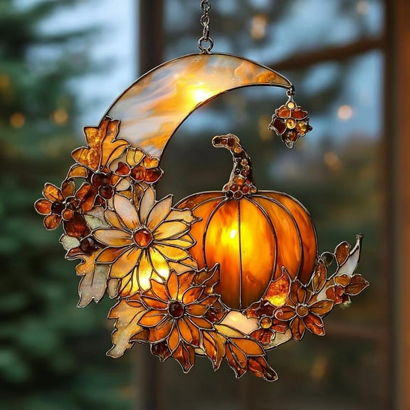 Autumn Pumpkin Moon Suncatcher – Fall Floral Acrylic Stained Glass Window Decor