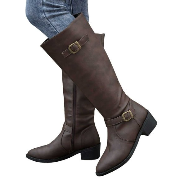 Rokment Women's Wide Calf Knee High Motorcycle Riding Boots with Side Zipper Vintage Buckles Leather Pointed Toe Mid Calf Long Tall Dress Boots