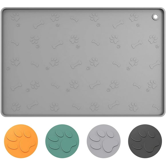 Tapis pour Nourriture de Chien [24"x16 Pouces] Grand Tapis pour Nourriture de Chien - Tapis de Bol en Silicone Antidérapant - Tapis d'Alimentation Lavable pour Nourriture et Eau, Tapis Imperméable pour Sols Gris