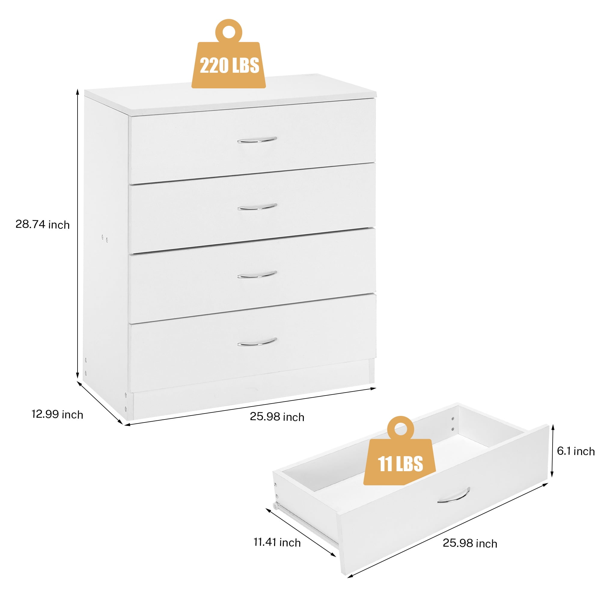 PAPROOS Modern White 4 Drawer Dresser, Chest of Drawers for Bedroom, Storage Cabinet Nightstand Dresser Organizer Unit with Handle for Living Room, Closet, Hallway