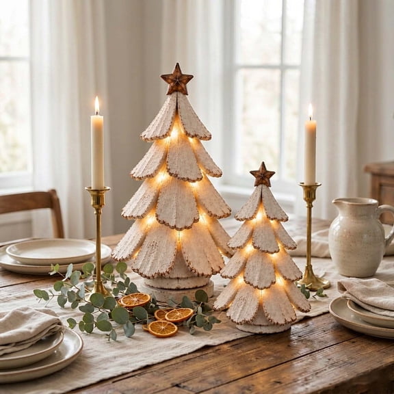 Vintage Mini Christmas Tree Figurine, Tabletop Holiday Centerpiece with LED Lights, Rustic Winter Indoor Home Decor S