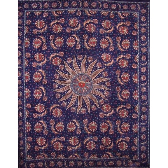 Celestial Tapestry Cotton Bedspread 108" x 88" Full-Queen Blue
