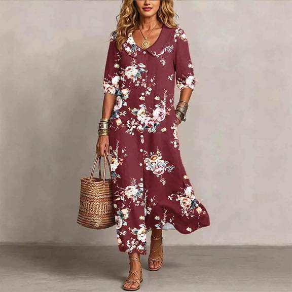 Ayolanni V Neck Fall Dresses for Women Plus Size 3/4 Sleeve A-Line Maxi Dresses Boho Beach Floral Babydoll Long Dress Red L