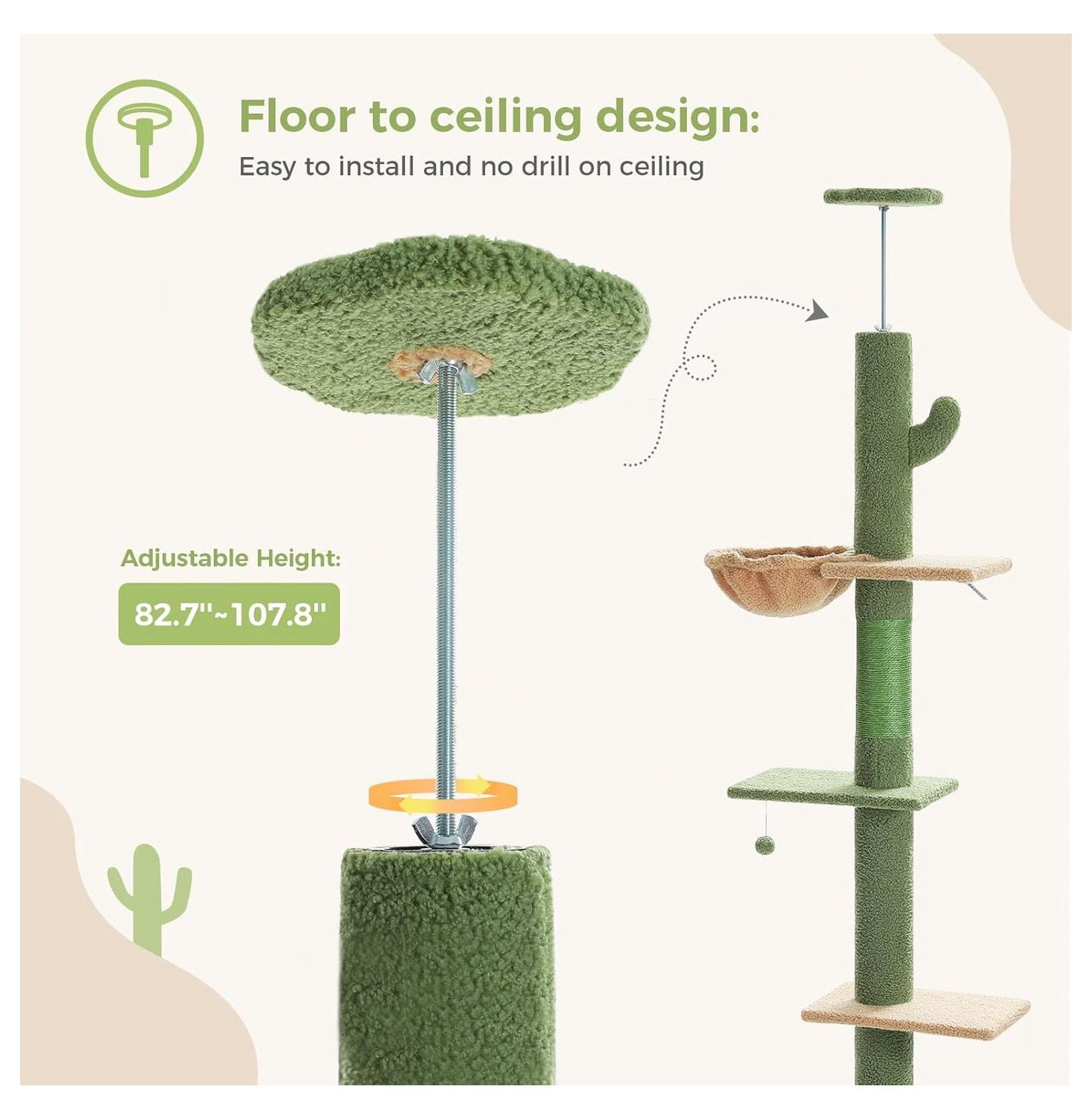 Floor to Ceiling Cat Tree, Tall Cat Tower Adjustable 83-108", 5 Levels for Indoor Cats - Condo, Hammock, Scratching Posts - Green