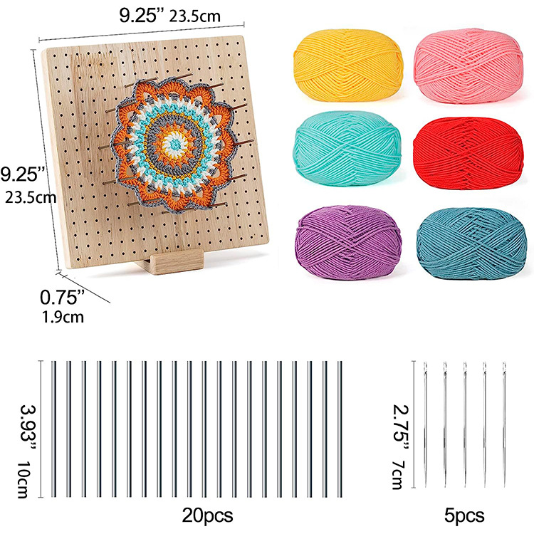 Rubber wood 9.25-inch foldable crochet hook blocking plate, wooden woven blocking plate used to block crochet hooks "(one plate+20 metal sticks+5 crochet hooks+6 rolls of yarn color random+32 pins)