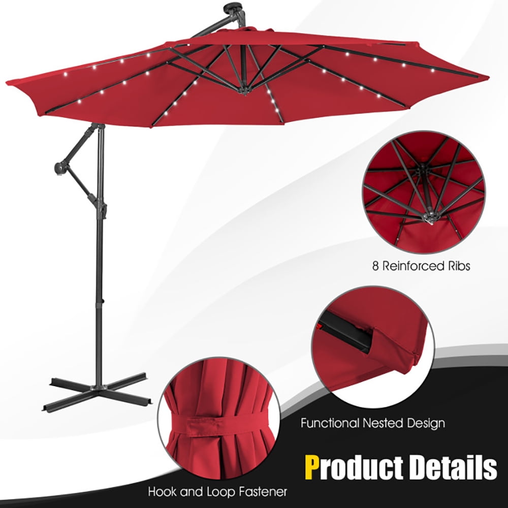 Aimee Lii 10 Feet Patio Solar Powered Cantilever Umbrella with Tilting System, Sunbrella Patio Umbrellas, Red Aimee Lii 10 Feet Patio Solar Powered Cantilever Umbrella with Tilting System, Sunbrella Patio Umbrellas, Red