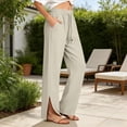 thumbnail image 2 of CYYOLLPF Linen Pants Women Yoga Sweatpants Pull on Pants Workout Pants Gaucho Pant Business Work Pants with Pockets Pleated Capri Cotton Linen Sweatpants Cropped Linen Pants Women Beige L, 2 of 7