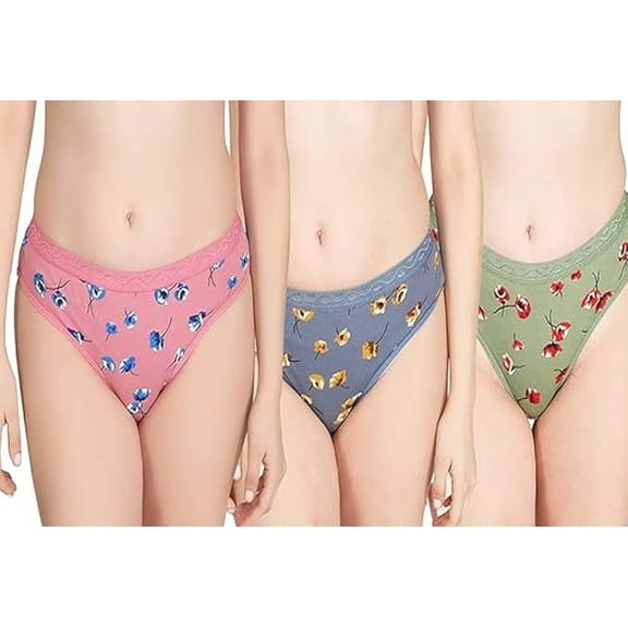 Stylesindia Flower Printed Medium Coverage Super Combed Cotton Mid Waist Bikini with Concealed Waistband Pack of 3 (US, Alpha, X-Large, Regular, Regular, Light Base Flower Printed)