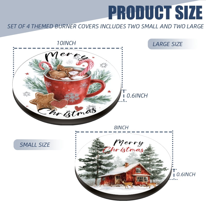 4 Pcs Christmas Gas Stove Burner Cap Set, Merry Christmas Holly Jolly Durable Round Gas Stove Burner Covers Set of 4 for Kitchen Xmas Decor, 8 Inches and 10 Inches