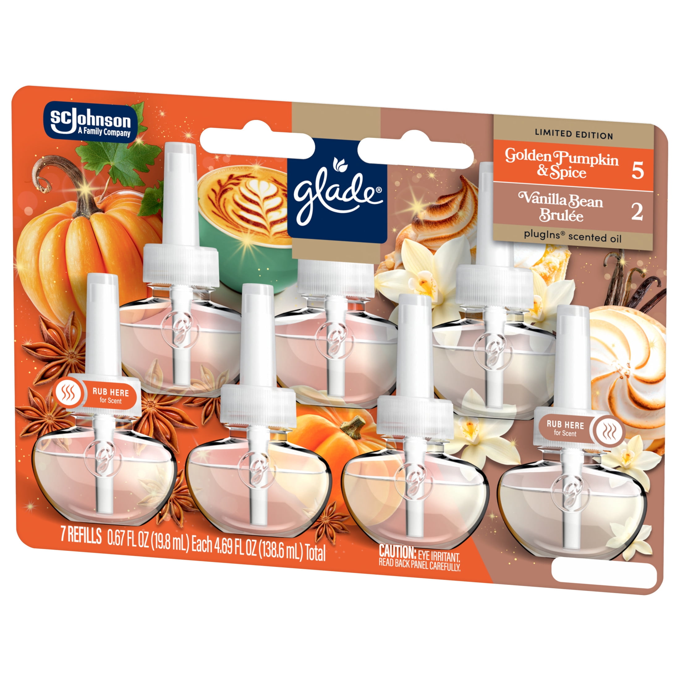 Glade® PlugIns® Refills Air Freshener, Golden Pumpkin & Spice and Vanilla Bean Brulee, 4.69oz., 7 count