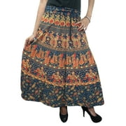 Mogul Women's Peasant Skirts Blue Animal Print Cotton Long Skirts