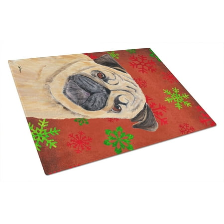 

Carolines Treasures SC9411LCB Pug Red and Green Snowflakes Holiday Christmas Glass Cutting Board Large 12H x 16W