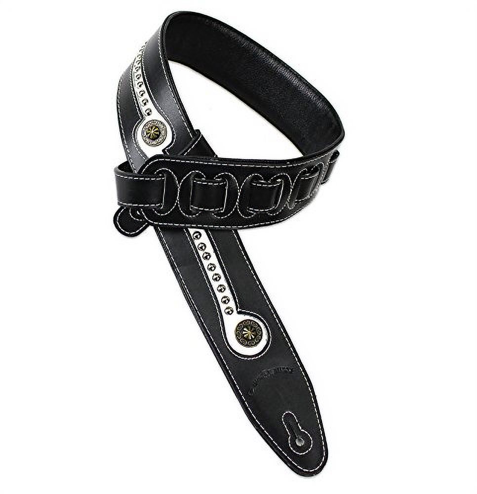 Walker & Williams Black & White Top Grain Leather Guitar Strap with Chrome and Brass Metal Studs