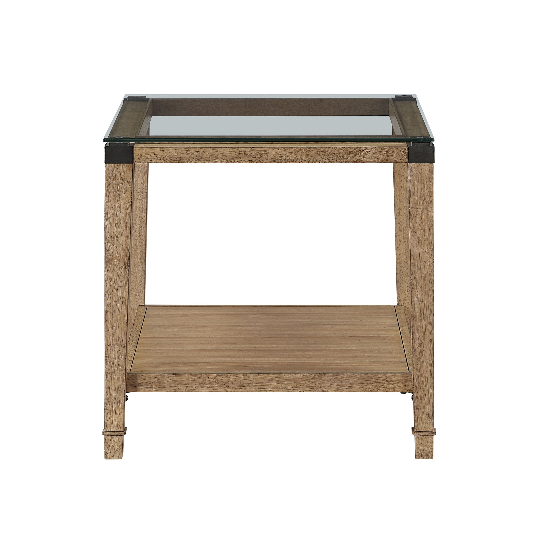 OakvillePark Velor Wood End Table with Tempered Glass Table Top, Open Shelf, Brown