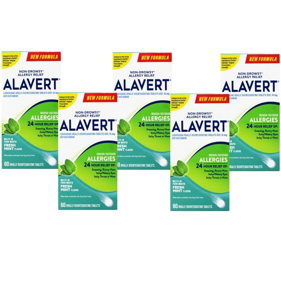 Alavert Allergy 24 Hour Relief, Fresh Mint Flavor, Orally Disintegrating Allergy Tablets, Non-drowsy Antihistamine, Loratadine 10mg, 60 Count - 5 Pack