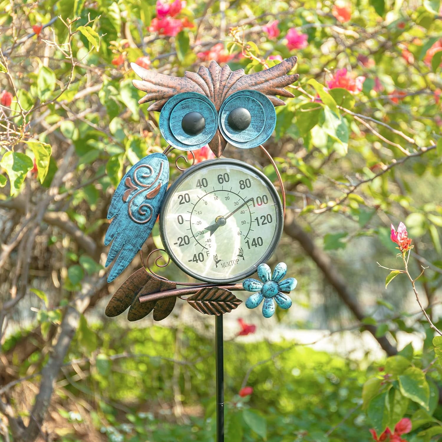 MUMTOP Wall Hanging Thermometer Stake, 42 Inch Metal Owl Garden Stake Outside Wall Thermometer for Patio, Yard and Garden,Weather Resistant