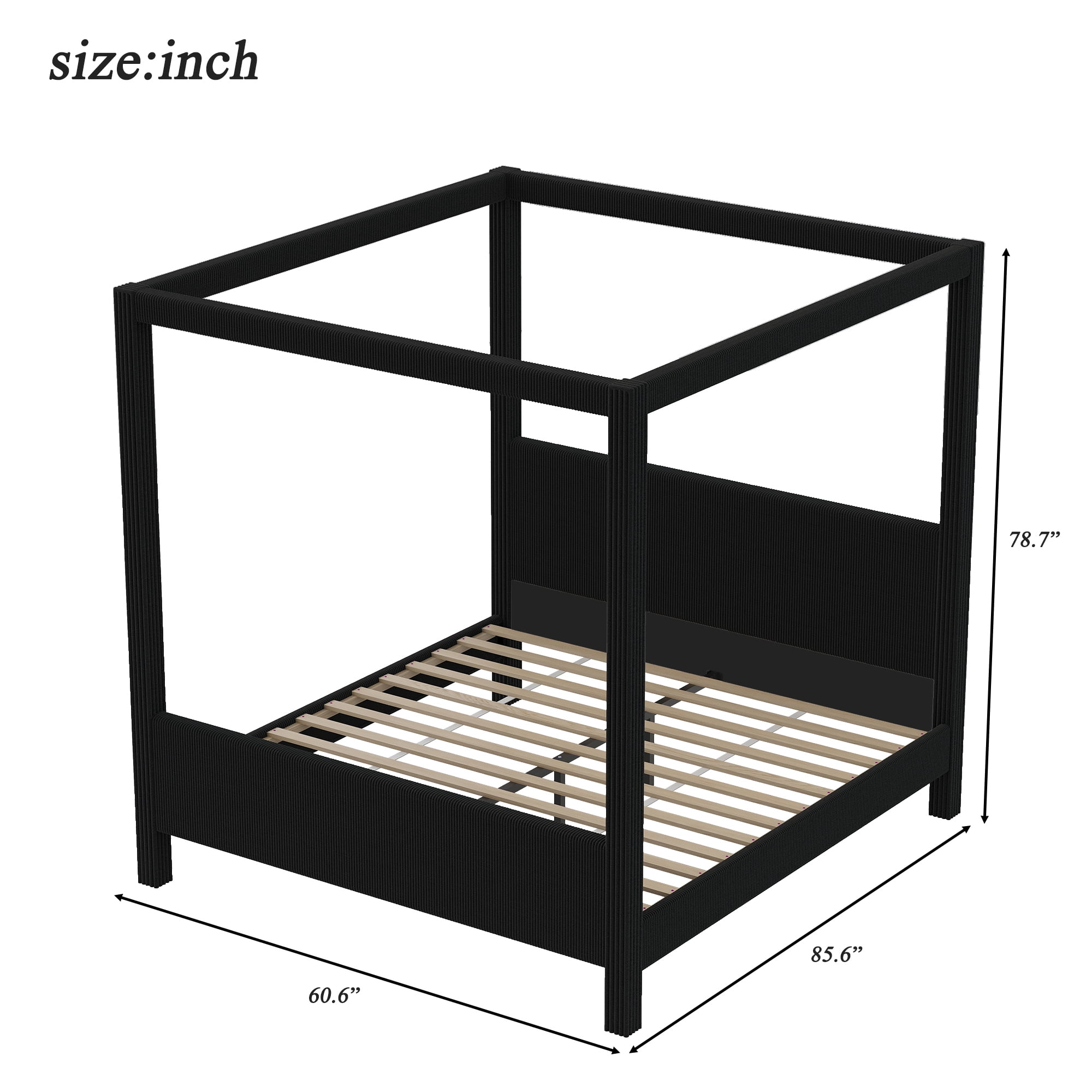 Euroco Upholstery Queen Size Canopy Platform Bed, No Box Spring Needed, Black