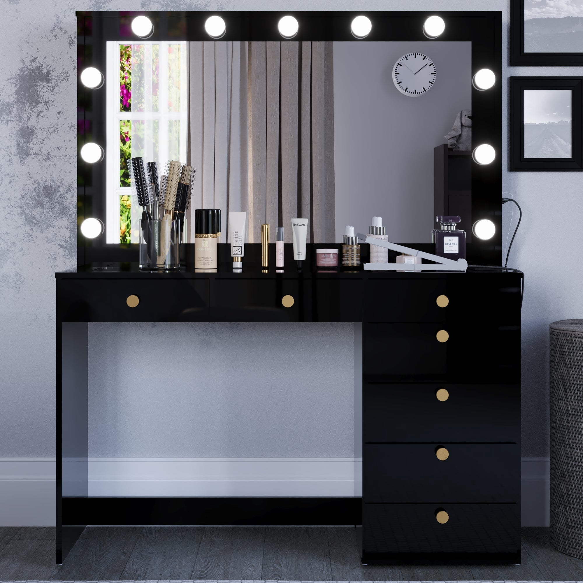 Ember Interiors Nadia Makeup Vanity with Lights, 7 Drawers, Power Outlet, Gold Knobs, Black