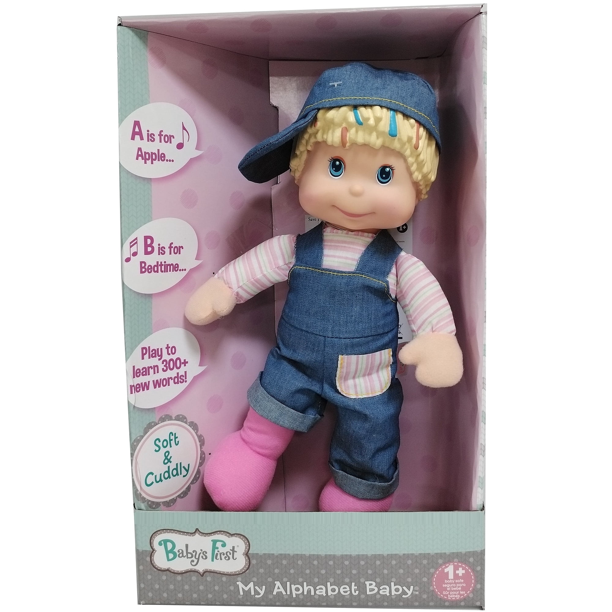 Goldberger Baby's First: My Alphabet Boy Doll - Blue Denim Overalls -  Interactive Singing Musical Doll, Teaches ABC's & Fun Words, Soft Toy, Kids-Toddler Age 1 year & Up