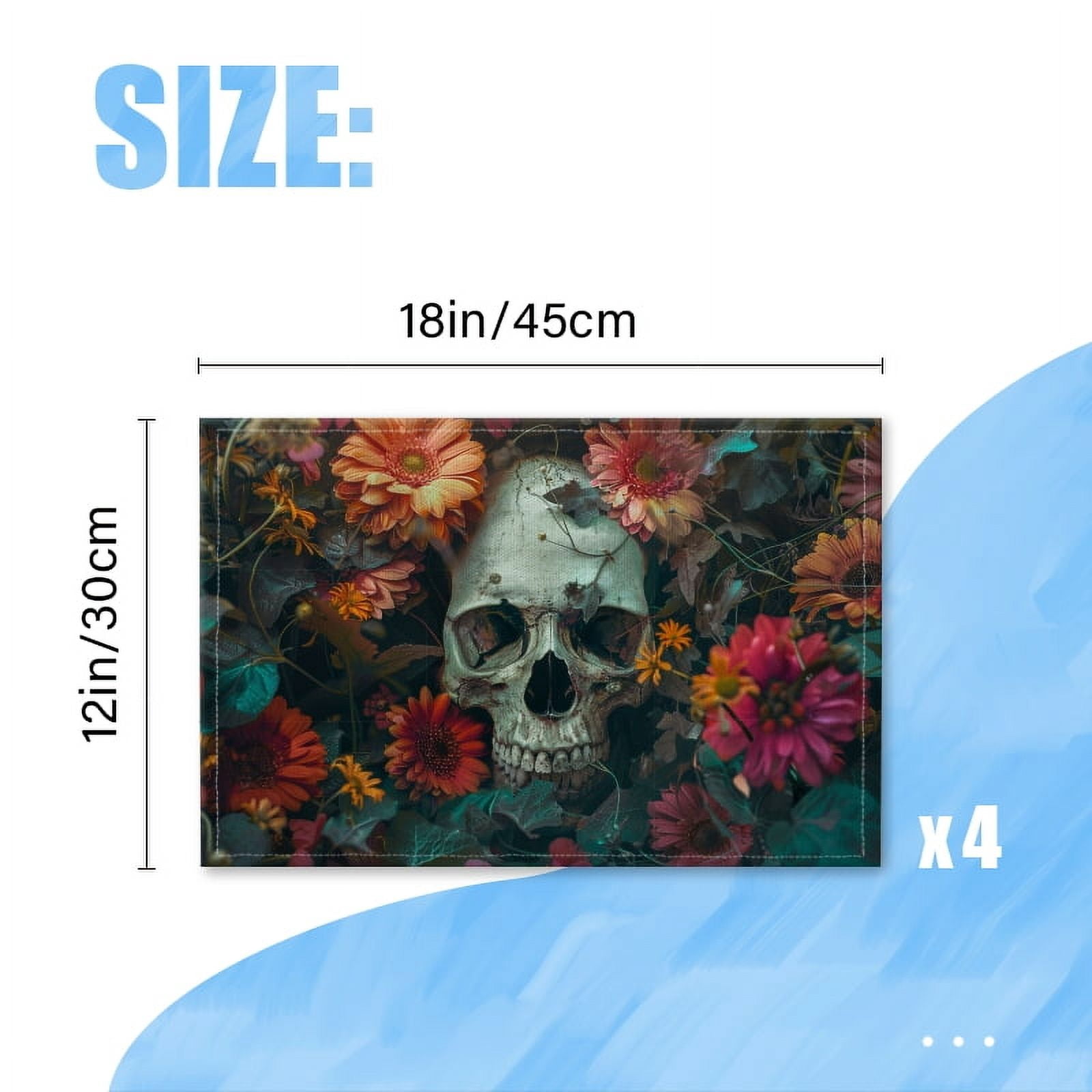 BaHomeck placemats Set of 4 Skull Surrounded By Vibrant Flowers Creating Eerie Yet Cotton Linen rectangle Placemats for Kitchen Dining Table Indoor,Outdoor,18*12inch