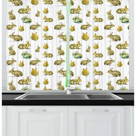 Pale Yellow Curtains And Drapes Watercolor Curtains 2 Panels Set, Cute Furry Rabbit Bunny Pattern Easter Animals Domestic Fluffy Pets, Window Drapes for Living Room Bedroom, 55W X 39L Inches, Pale Brown Pale Yellow, by Ambesonne ()