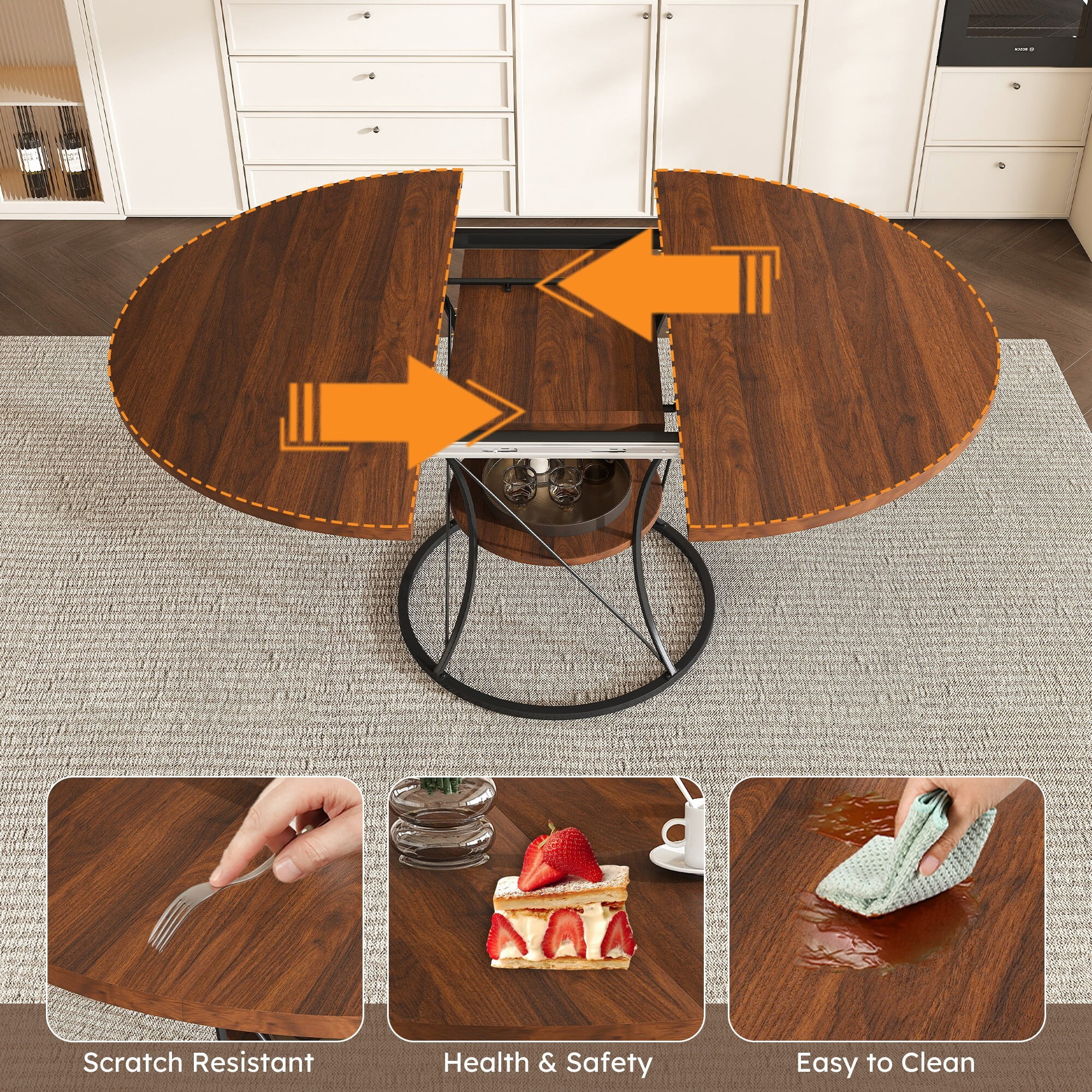 AENKYO 43"-59" Expandable Round Dining Table with Storage, Walnut Top & Black Hourglass Metal Base, Seats 4-6
