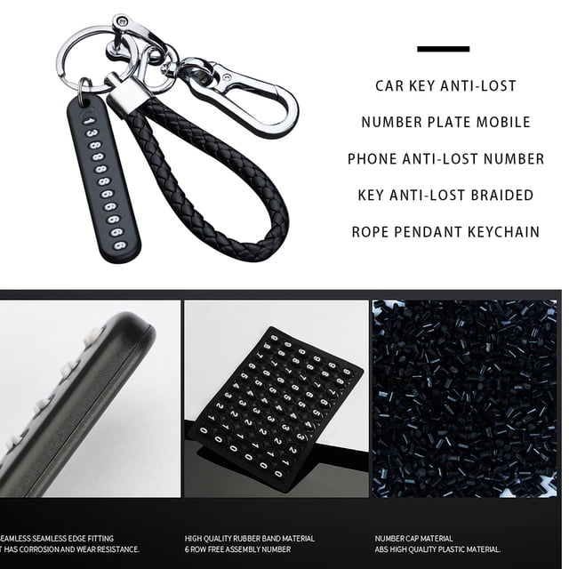 Car Key Keyring Anti-lost Car Phone Number Steel phone number keychain Buckle Keychain with Braided Rope, Black Rope, Silver Buckle