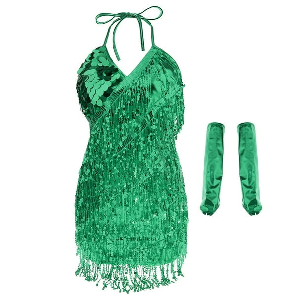 Vestido de baile de salón Soledad para mujer lentejuelas borlas Trajes de samba verde