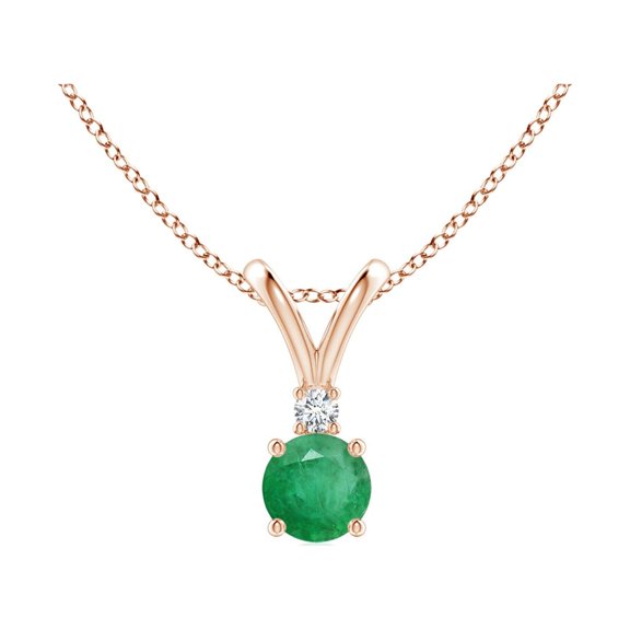 ANGARA Natural Round Emerald Solitaire V-Bale Pendant with Diamond in 14K Rose Gold for Women (Size-4mm) | May Birthstone, Birthday, Anniversary, Jewelry Gift for Women | Natural Emerald Necklace