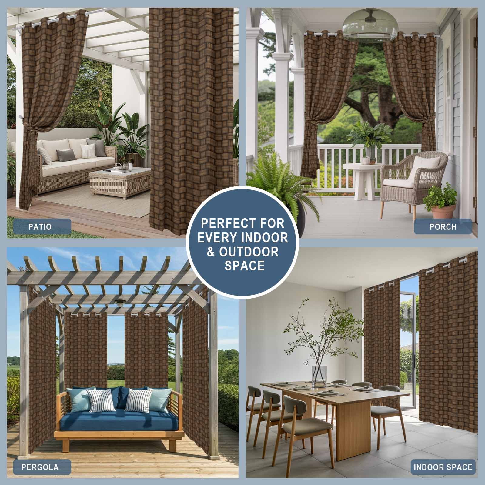 Outdoor Curtains for Patio Waterproof, Dark Brown Rattan Outdoor Privacy Panels Grommet, Vintage Abstract Wicker Texture Blackout Outside Curtains for Porch/Cabana/Pergola/Gazebo 54"x95", 2 Panels