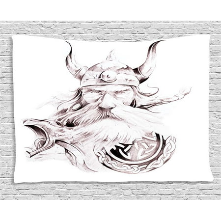 Dog Themed Bedrooms Tattoo Decor Tapestry, Head of Wolf the Fierce Warrior Big Dog of the Forest Winter Themed Image, Wall Hanging for Bedroom Living Room Dorm Decor, 60W X 40L Inches, White and Black, by Ambesonne ()